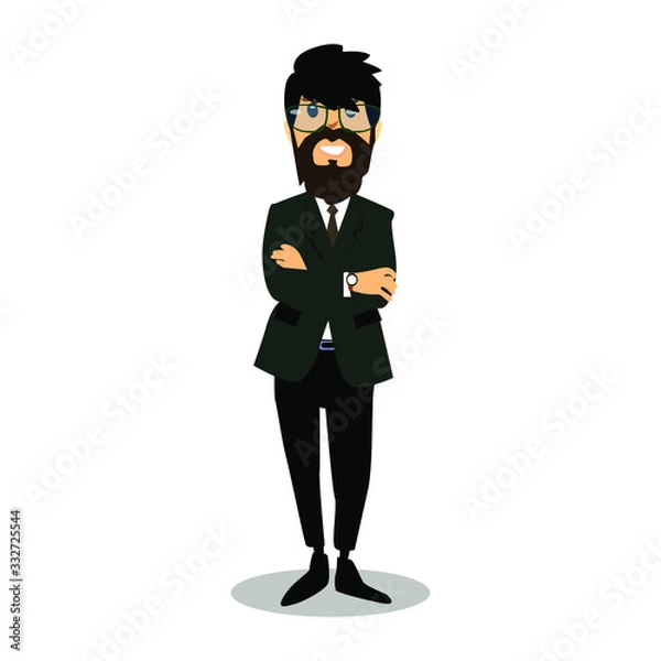 Fototapeta Happy man with a beard in glasses. Businessman in a dark jacket with a tie and trousers. Business style clothing, smile and funny face.