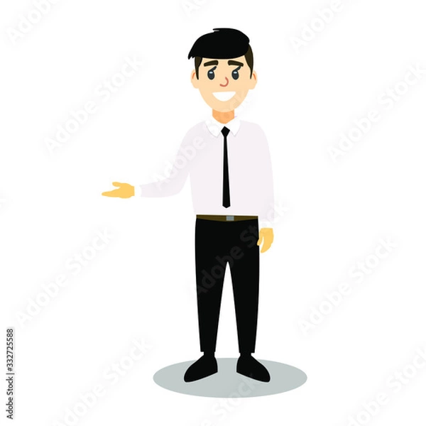 Fototapeta Happy businessman points his hand to the side. Character of a young man in a white shirt with a tie. Vector illustration.