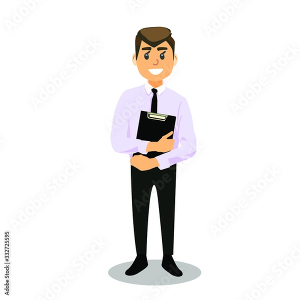 Fototapeta Happy manager holds a folder with documents in his hands. A businessman is standing in a white shirt with a tie.