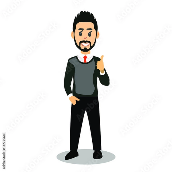 Fototapeta Cool dude is standing on a white background. Young man in a business style with a tie. Happy man showing thumbs up. Vector illustration of a businessman with a beard and mustache.