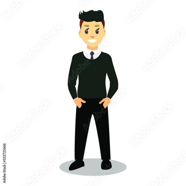 Fototapeta A happy man is standing in a dark sweater with a tie and trousers. Hands in pockets of pants. Business style clothing and a smile on his face.