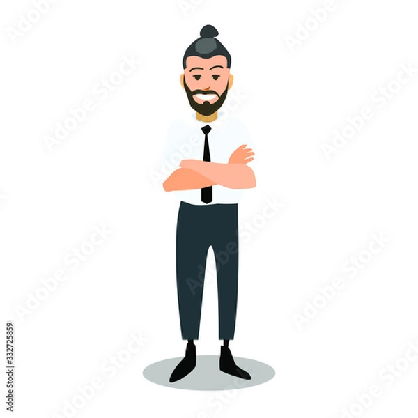 Fototapeta happy man in white shirt with beard mustache and pigtail