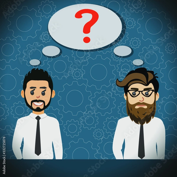 Fototapeta Two businessmen and a question mark. The arrangements are unsuccessful. Problems in the interaction of workers. Questions in a business concept. Negotiations of two men.