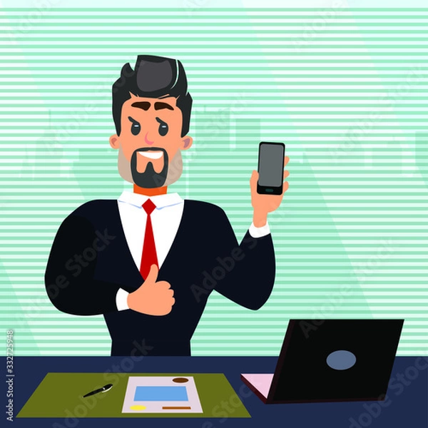 Fototapeta Vector character businessman in the office at the desktop with a computer. A man shows a thumbs up in a business style with a smartphone. A lawyer in his office with a window view of the skyscrapers.