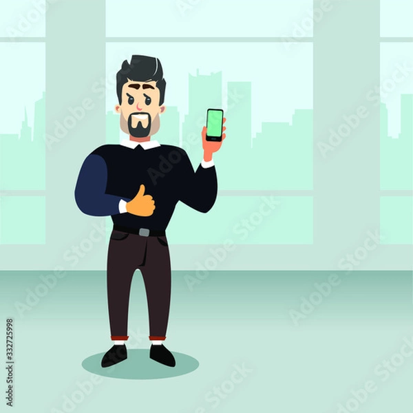 Fototapeta Vector illustration of a businessman in an office with a view of the city skyscrapers. Character of a strong man with a beard and mustache. Happy man shows a smartphone.