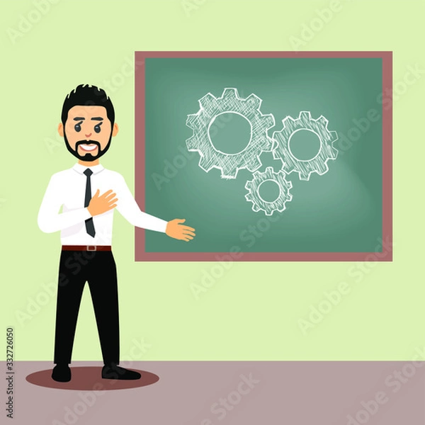 Fototapeta A businessman at the blackboard drew gears. The speaker speaks to the audience with a business mechanism concept. Gears are drawn in chalk.