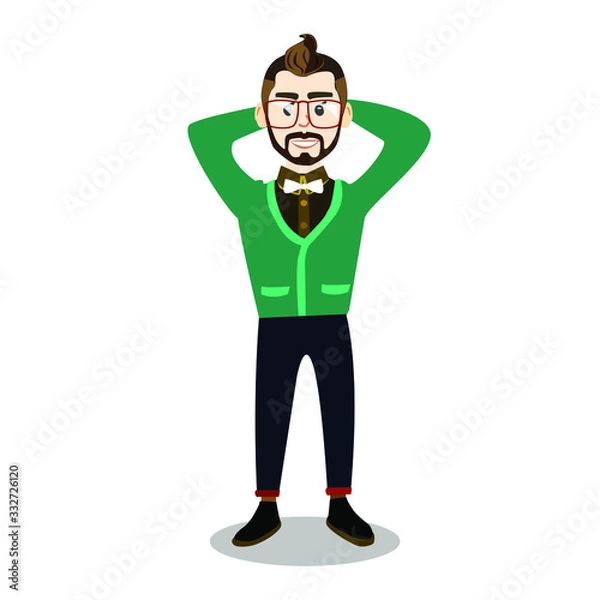 Fototapeta Vector illustration of a businessman. Hipster character with big glasses. Happy man holds his hands behind his head. Cheerful young man in a dark shirt with a bow-tie.