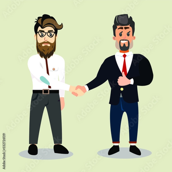 Fototapeta Vector character of two businessmen. Handshake of satisfied men. The conclusion of a bargain. Agreements reached in business.