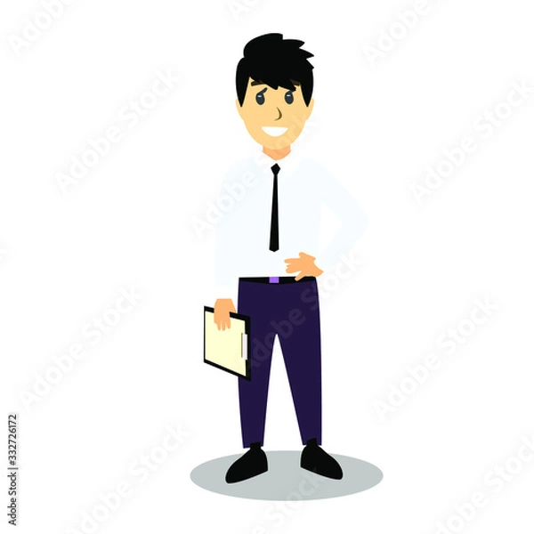 Fototapeta Happy man in a shirt and trousers. Young business man holds a folder and smiles. Vector Illustration.
