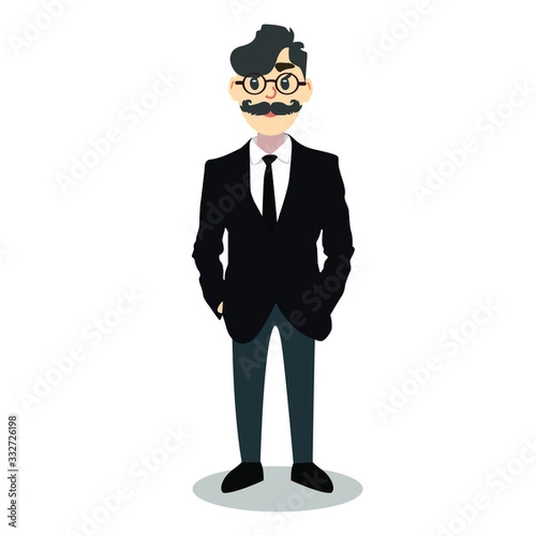 Fototapeta Happy man with a mustache in glasses. Businessman in a dark suit with a tie and pants. Business style clothing, smile and funny face.