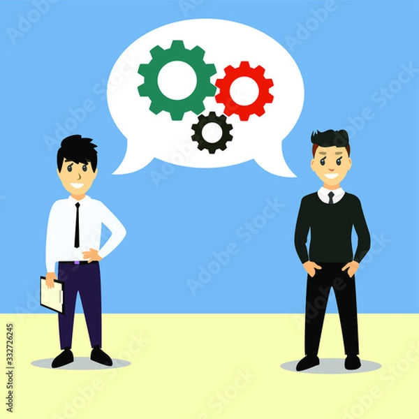 Fototapeta Businessmen work as a team. Building a successful business process. The development of technology in the enterprise from good ideas. Discussion of the mechanism of work.