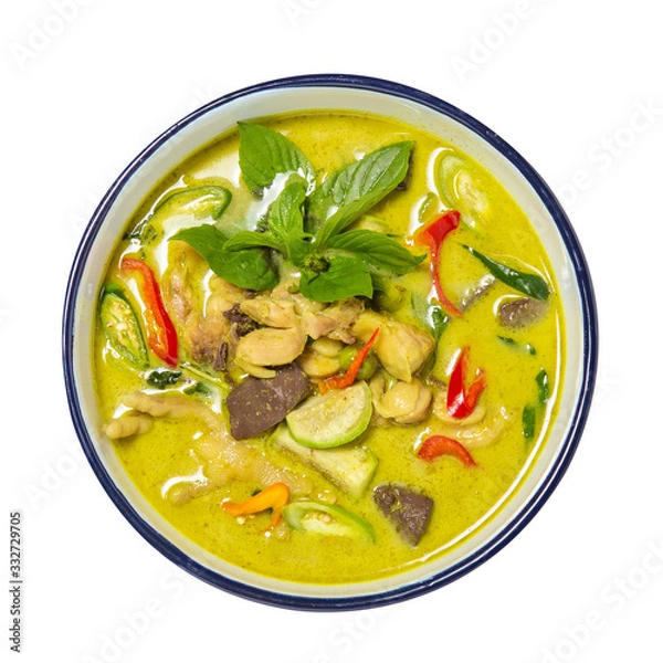 Obraz Thai food, green curry chicken isolated on white background - Top view
