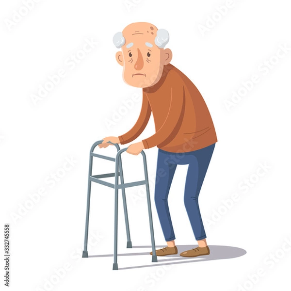 Obraz Old man is standing with a walking frame. Vector illustration.