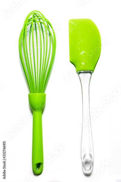 Fototapeta Set of green silicone culinary spatula and whisk Isolated on white background