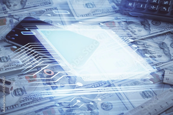Fototapeta Double exposure of data theme drawing over us dollars bill background. Technology concept.