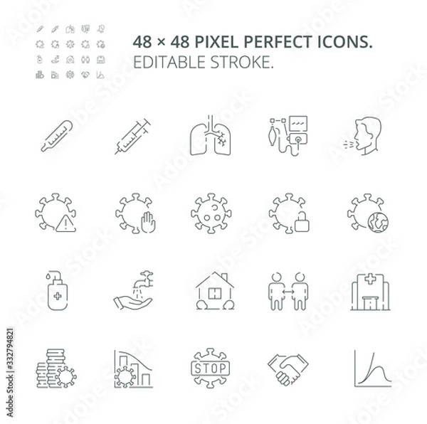 Fototapeta Simple set of Coronavirus COVID-19 infectious disease vector line web icons. Contains such Icons as Coronavirus, Virus, COVID-19, Lockdown, Cough, Lungs and more. Editable Stroke. 48x48 Pixel Perfect.