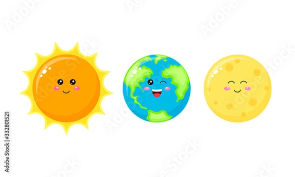 Obraz Collection of cute cartoon character. Sun, Earth and Moon. Vector illustration isolated on white background.