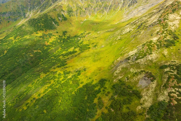 Obraz aerial view of Kamchatka volcanos, green valleys, snow and ice and the wonderful view of pure nature.