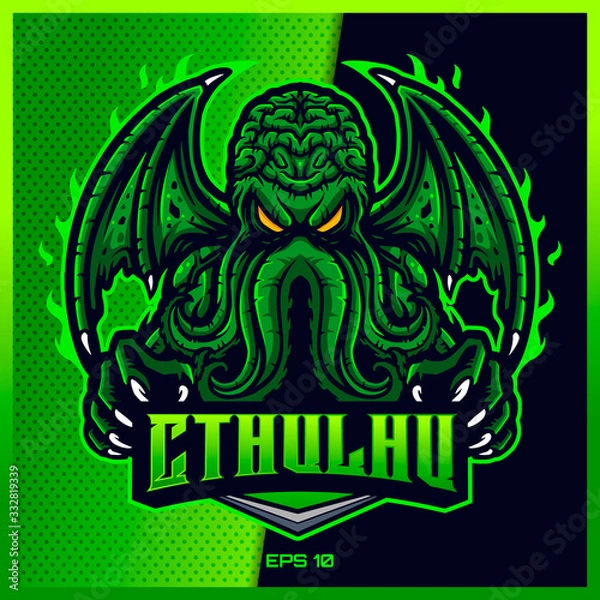Fototapeta Green Cthulhu grab text esport and sport mascot logo design in modern illustration concept for team badge, emblem and thirst printing. Mad Cthulhu illustration on Green Background. Vector illustration