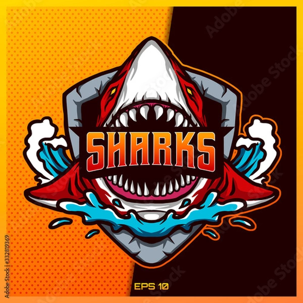 Fototapeta Red Shark bit text roaring esport and sport mascot logo design in modern illustration concept for team badge emblem and thirst printing. Shark roar illustration on Gold Background. Vector illustration