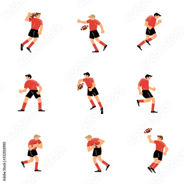 Fototapeta Set of rugby team player characters in different action poses. Vector illustration in flat cartoon style.