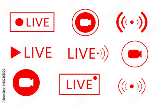 Fototapeta Set of live streaming icons. Set of Live broadcasting icons. Button, red symbols for news, TV, movies, shows