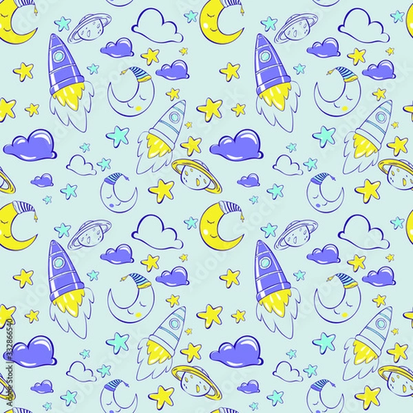 Fototapeta  childish seamless pattern. rocket in the night sky