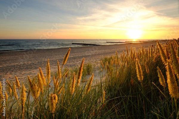 Obraz Morze Bałtyckie,wydmy na piaszczystej plaży w Kołobrzegu o wschodzie słońca.