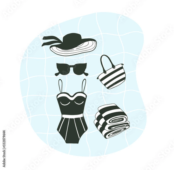 Fototapeta monochrome black and white set of beach items, sunglasses, hat with ribbons, vintage swimsuit, bag and folded striped towel