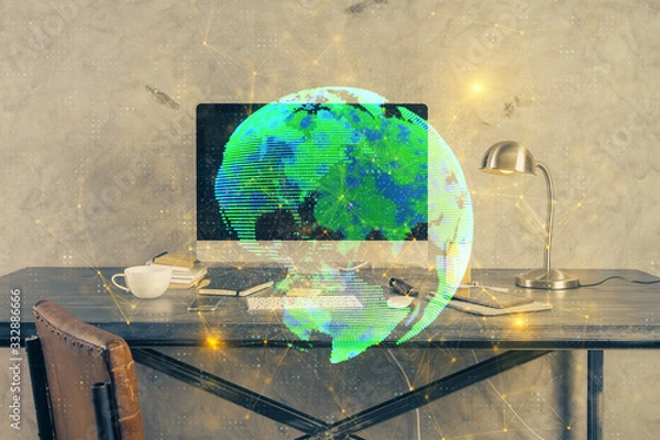 Obraz Computer on desktop with social network theme icon. Multi exposure. Concept of international connections.