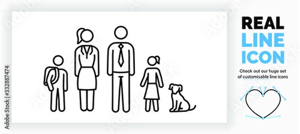 Obraz Editable real line icon of stick figure family with a son and his school bag and a working mom and dad in a suit with a tie and a daughter in a skirt with the pet dog sitting in black clean eps lines