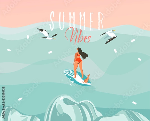 Fototapeta Hand drawn vector stock abstract graphic illustration with a surfer girl in a swimsuit surfing with a dog and seagulls isolated on ocean wave landscape background