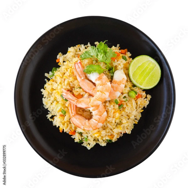 Obraz Thai Food - Fried rice with shrimp isolated on white background from top view