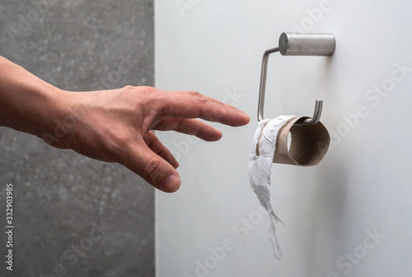 Obraz A hand reaching for an empty toilet paper holder (concept toilet paper finished)