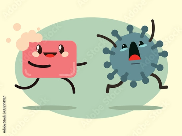 Fototapeta Colorful cute illustration of fight against the virus. With smiling piece of soap and screaming virus. Save yourself! Wash your hands!