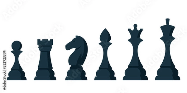 Fototapeta Set of chess pieces. Black objects in cartoon style isolated on white background.