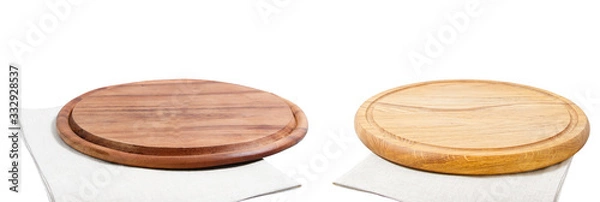 Fototapeta Set of wooden empty board and napkin napkins isolated over white copy space, empty plate background collage