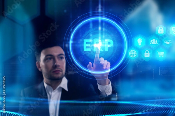 Fototapeta Business, Technology, Internet and network concept. Young businessman working on a virtual screen of the future and sees the inscription: ERP
