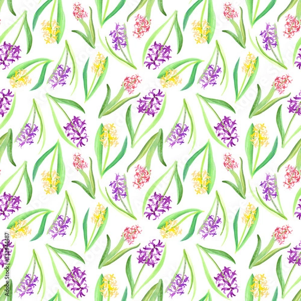 Fototapeta Seamless pattern of pink yellow purple Hyacinth flowers and leaves. Spring watercolor illustration in pastel shades isolated on white background. Fresh, bright hand painted hyacinths plants design