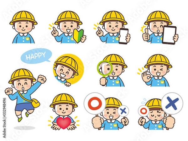 Fototapeta 園児の男の子バリエーション　初心者マーク　スマートフォン　タブレット　虫眼鏡　ハート　まるばつクイズ