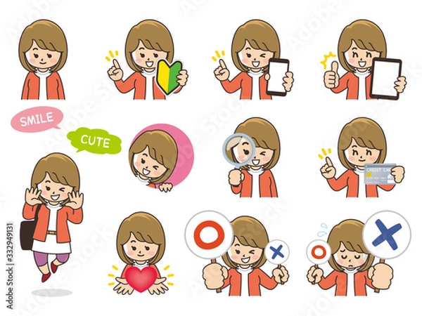 Fototapeta 大学生の女子バリエーション　初心者マーク　スマートフォン　タブレット　虫眼鏡　クレジットカード　ハート　まるばつクイズ