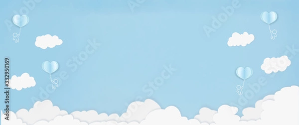 Fototapeta Valentines heart balloon with people flying and floating on blue sky background. Paper Cut Design Illustration of love for Happy Mother's or Valentine's Day greeting card design.