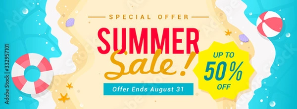 Obraz Ilustracja wektorowa transparent sprzedaż lato. widok z góry na tle fal letniej plaży