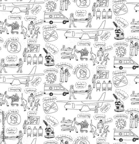 Fototapeta Epidemic pandemic virus scene people seamless pattern black and white