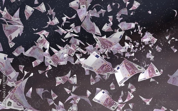 Fototapeta Flying euro banknotes on a outer space starry background. Money flying in the outer space. 500 EURO in color. 3D illustration