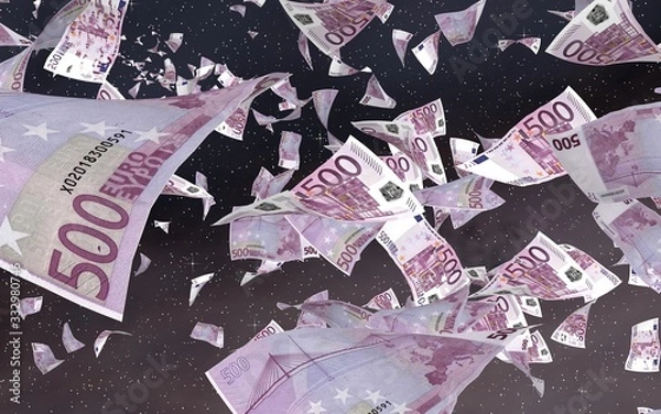 Fototapeta Flying euro banknotes on a outer space starry background. Money flying in the outer space. 500 EURO in color. 3D illustration