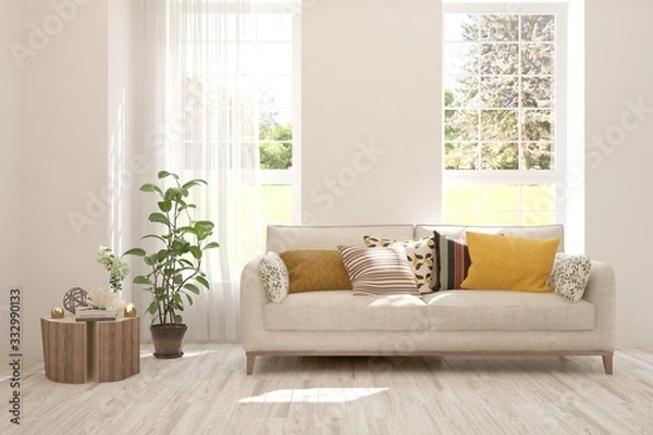 Fototapeta White living room with sofa. Scandinavian interior design. 3D illustration