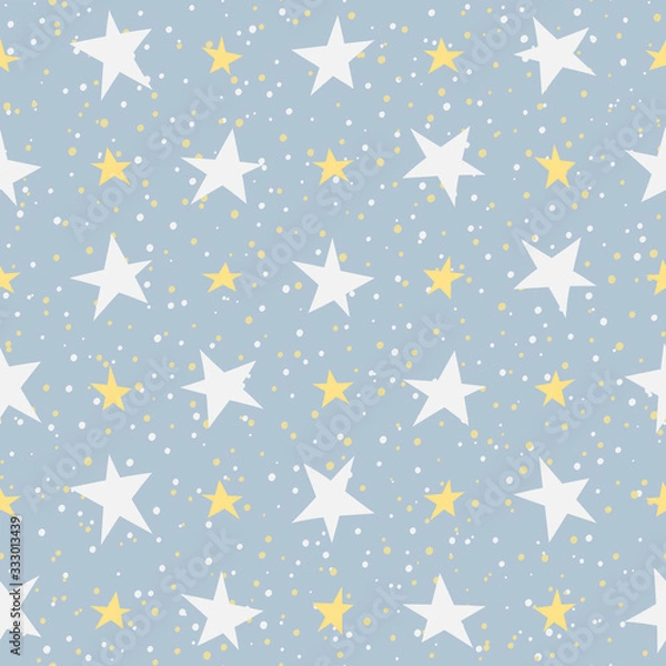 Fototapeta Seamless pattern, stars of different sizes and shapes, elements in the form of dots randomly scattered on a blue background. Cute pastel color pattern. Vector.
