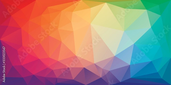 Obraz Low poly triangular background in bright rainbow colors. Colorful polygonal banner template. Multicolor backdrop in origami style. Vector eps8 illustration with irregular triangles.