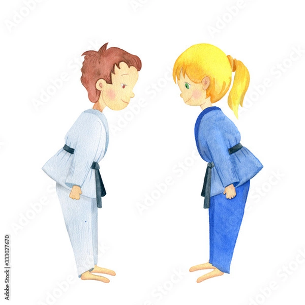 Obraz Children in a judo welcome. Colorful watercolor illustration artwork drawn by hand. Suitable for martial arts such as aikido, judo, karate, jujitsu, budo